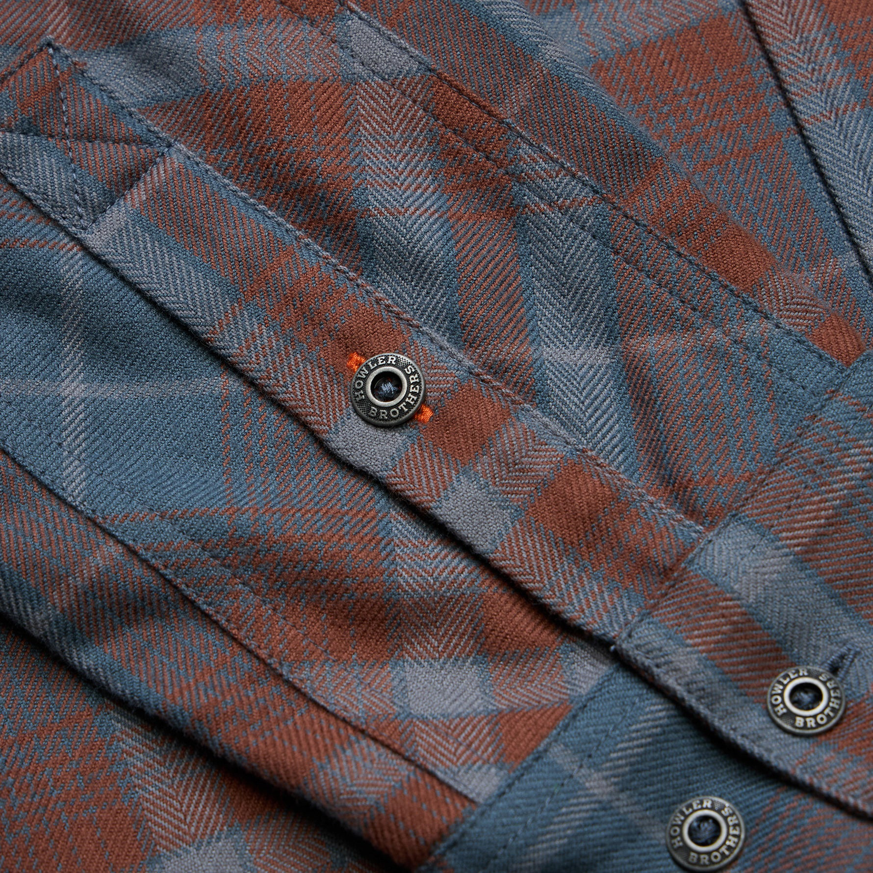 Brushed herringbone weave and Howler Brothers metal button on the Dark Slate Harker's Flannel, detail view, The Simple Man