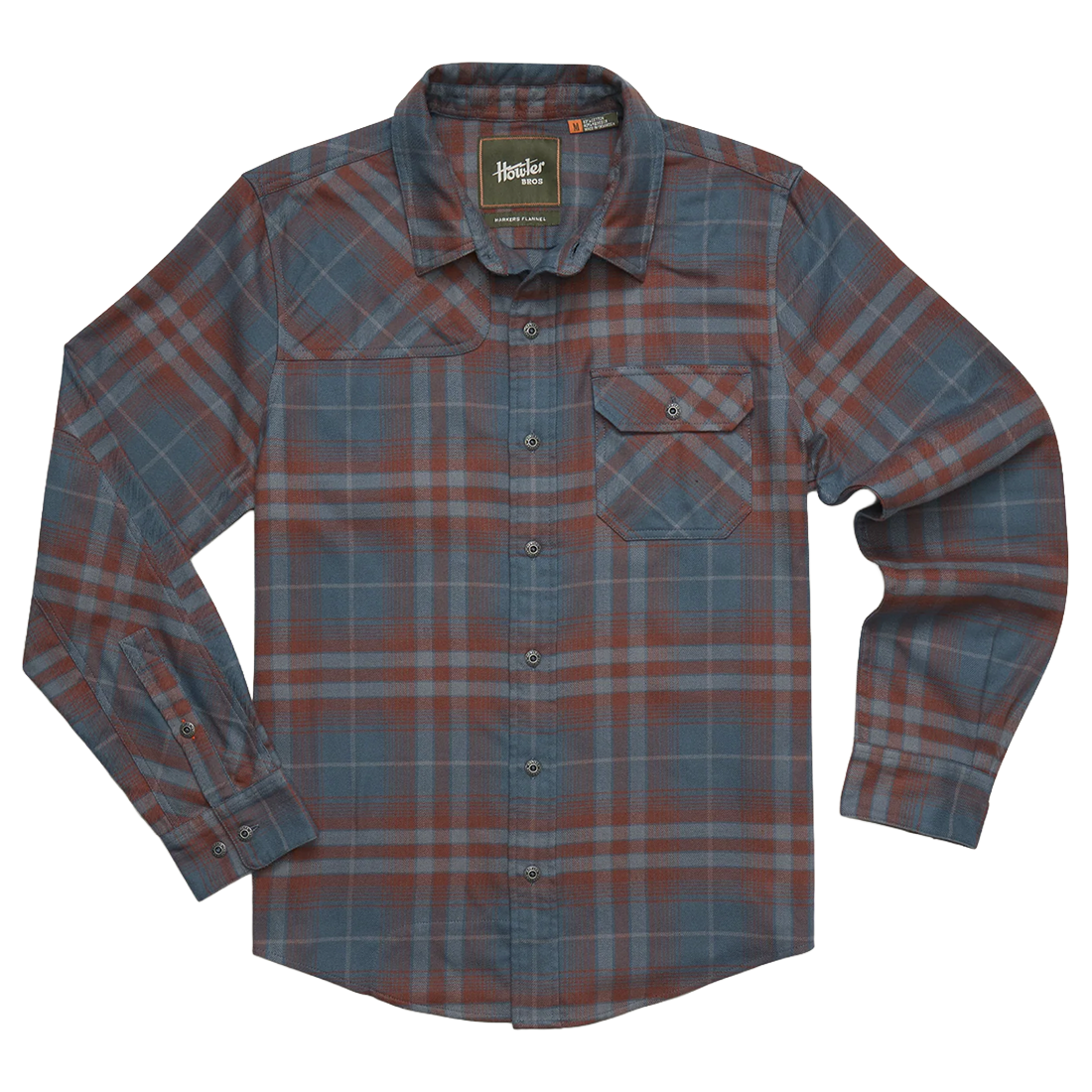 Slate blue and rust plaid Harker's Flannel with flap chest pocket and metal buttons, flat lay front view, The Simple Man