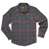 Slate blue and rust plaid Harker's Flannel with flap chest pocket and metal buttons, flat lay front view, The Simple Man