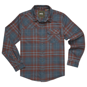 Slate blue and rust plaid Harker's Flannel with flap chest pocket and metal buttons, flat lay front view, The Simple Man