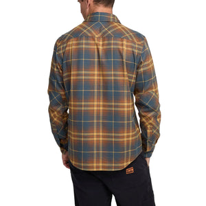 Back view of Harker’s Flannel Shirt by Howler Brothers in Kempton Plaid Stargazer worn by male model, showcasing hunter's yoke and plaid pattern