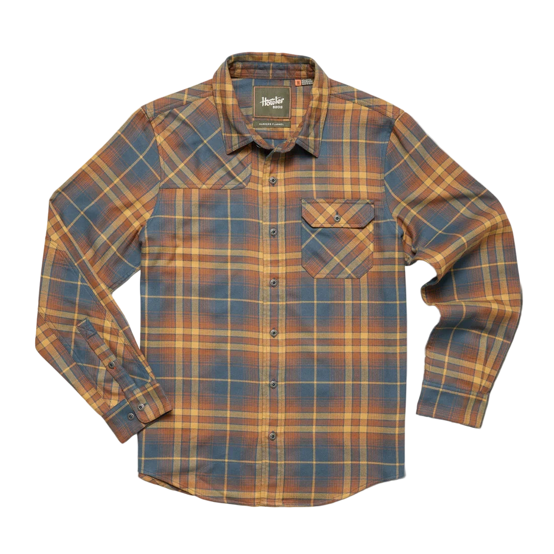 Full front flat lay of Harker’s Flannel in Kempton Plaid Stargazer showing full length, button placket, and rugged plaid design