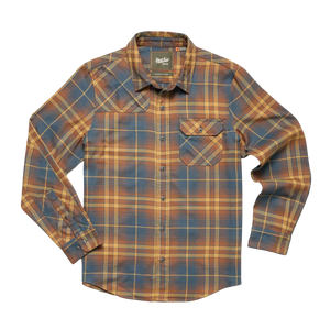 Full front flat lay of Harker’s Flannel in Kempton Plaid Stargazer showing full length, button placket, and rugged plaid design