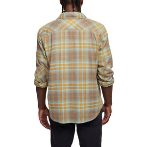 Back view of Harker’s Flannel in Kempton Plaid Taupe worn by male model, highlighting hunter’s yoke and relaxed fit
