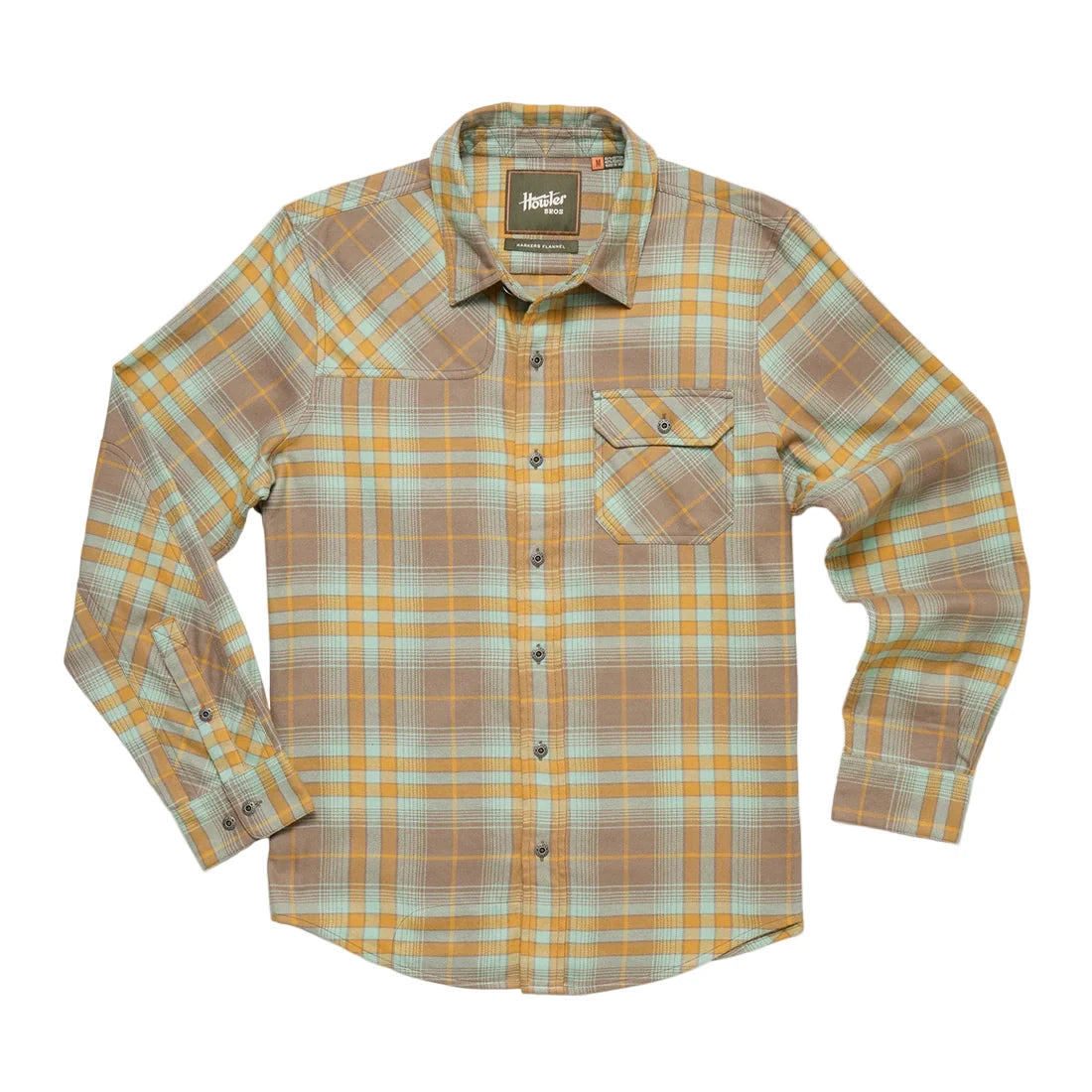 Full flat lay of Howler Brothers Harker’s Flannel Shirt in Kempton Plaid Taupe with long sleeves, plaid pattern, and button front