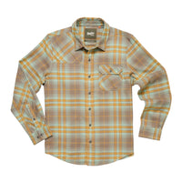 Full flat lay of Howler Brothers Harker’s Flannel Shirt in Kempton Plaid Taupe with long sleeves, plaid pattern, and button front