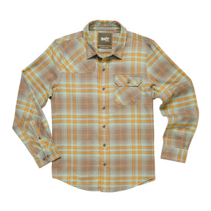 Full flat lay of Howler Brothers Harker’s Flannel Shirt in Kempton Plaid Taupe with long sleeves, plaid pattern, and button front