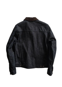 Back view of men’s selvedge denim jacket with classic trucker cut