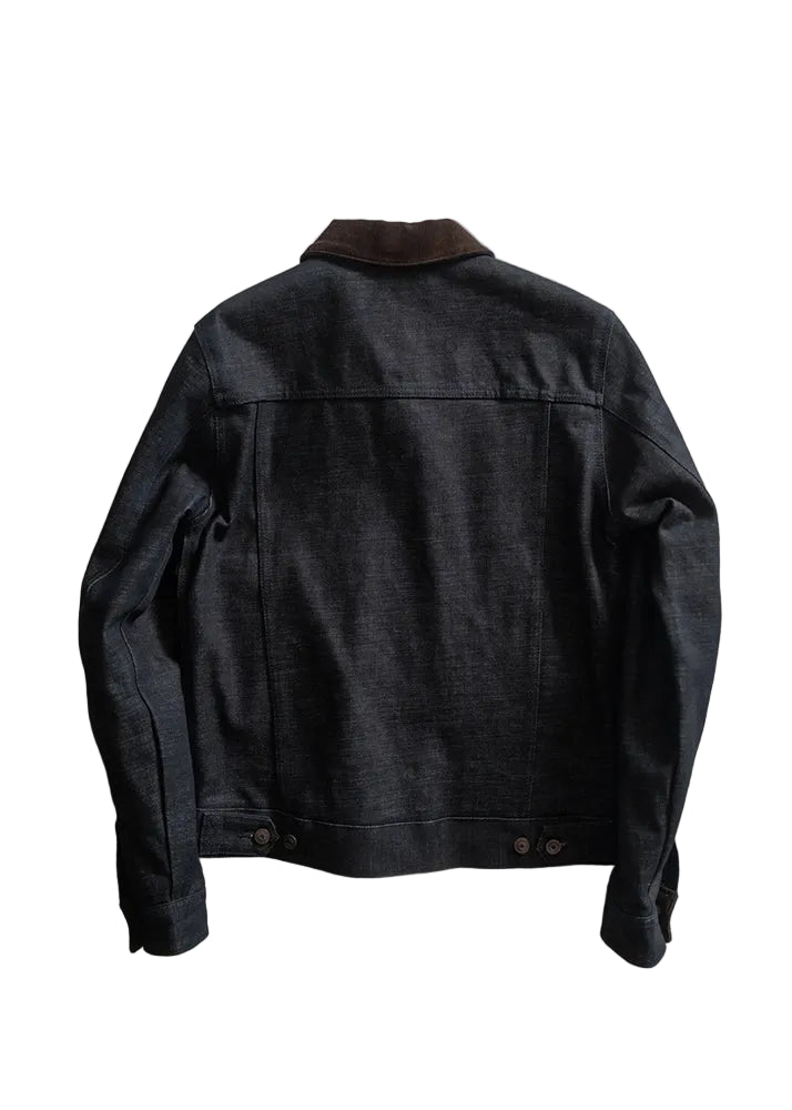 Back view of men’s selvedge denim jacket with classic trucker cut