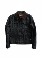 Men’s Harris selvedge denim jacket front view with corduroy collar