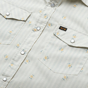 Howler Bros. H bar B Snapshirt vintage grid floral, in white, flat lay close up fabric detail view