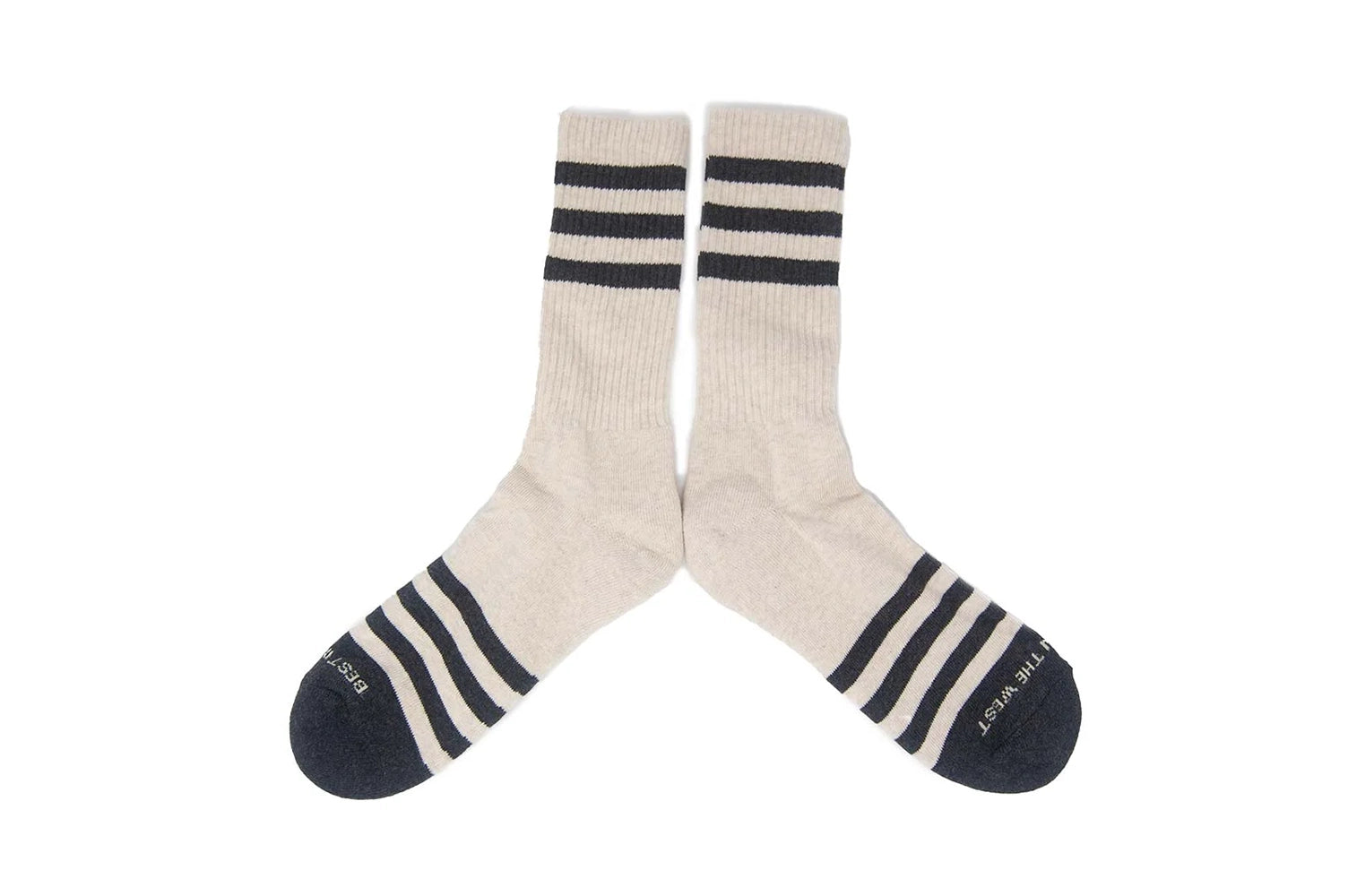 Cream and charcoal heather stripe men’s cotton socks with “Best in the West” text on toes, laid flat on a white background.