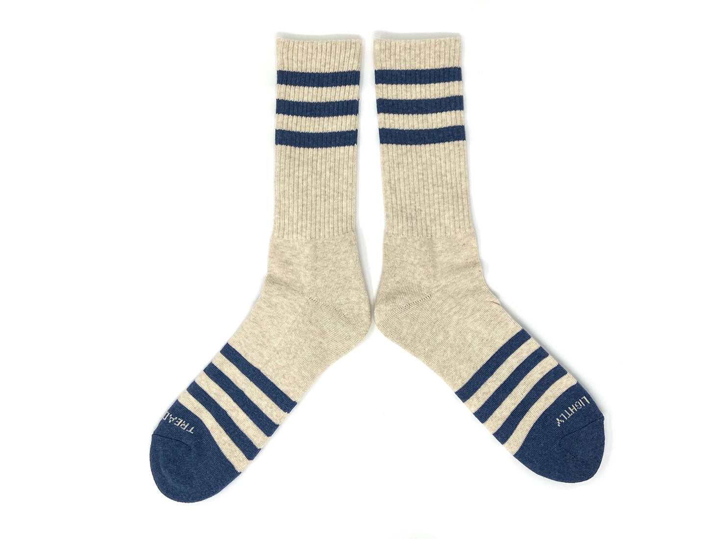 Men’s heather oatmeal socks with navy stripes laid flat