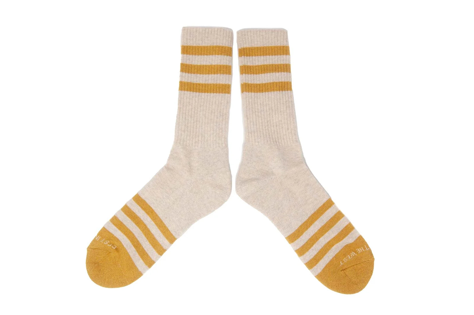 Men’s heather oatmeal socks with ochre stripes laid flat