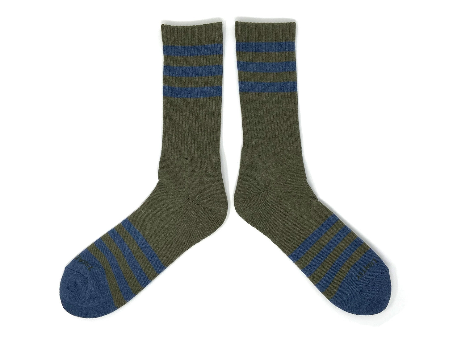 Men’s heather olive socks with navy stripes laid flat