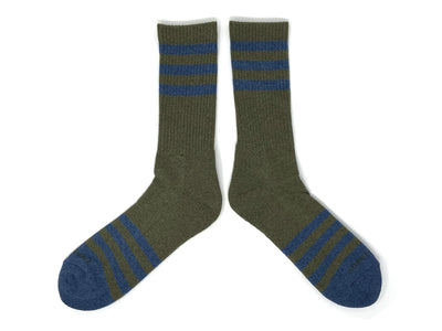 Men’s heather olive socks with navy stripes laid flat