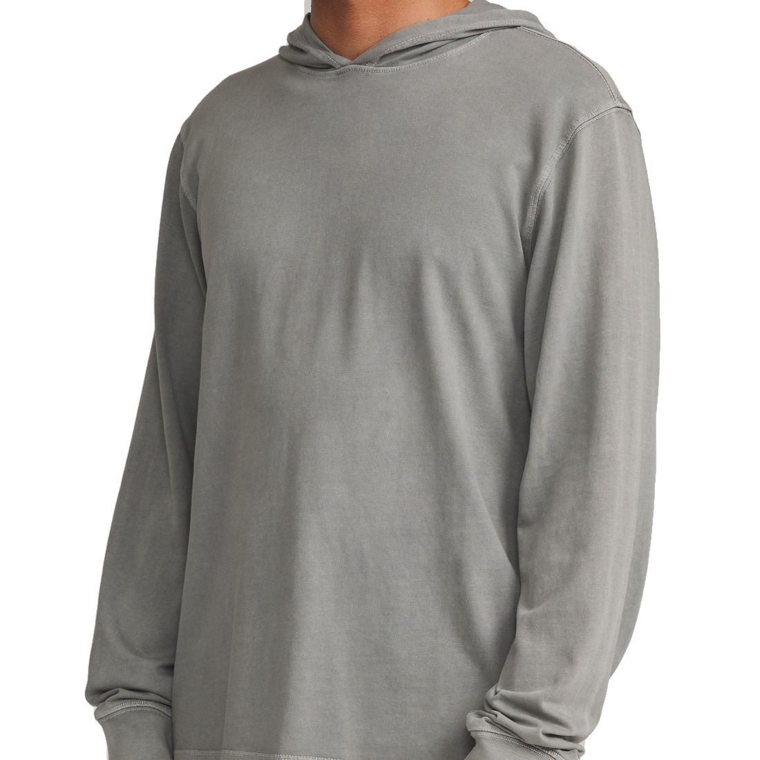 Man wearing the Hide Pullover in Gray Vintage Wash, side view