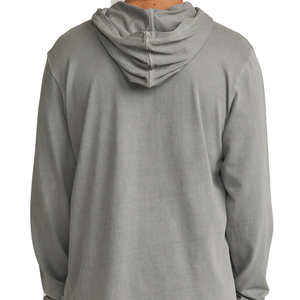 Man wearing the Hide Pullover in Gray Vintage Wash, back view with the hood down