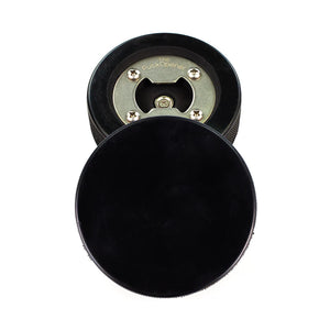 Hockey puck bottle opener, showing both top and bottom