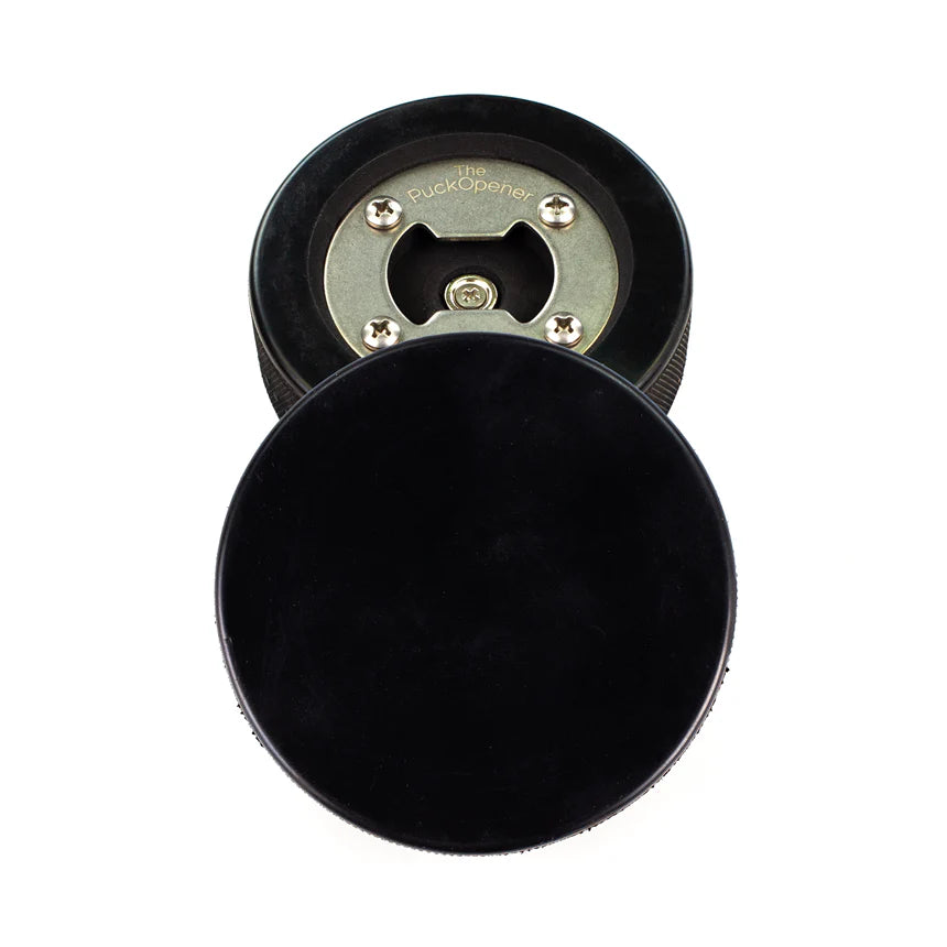 Hockey puck bottle opener, showing both top and bottom