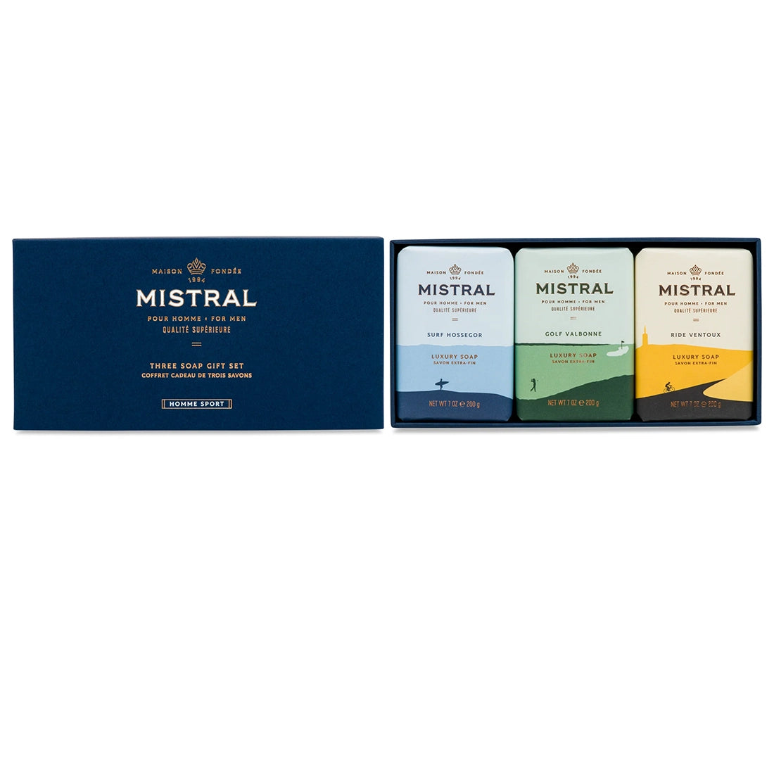 Mistral Homme Sport men’s three-soap gift set opened to display Surf Hossegor, Golf Valbonne, and Ride Ventoux bars.