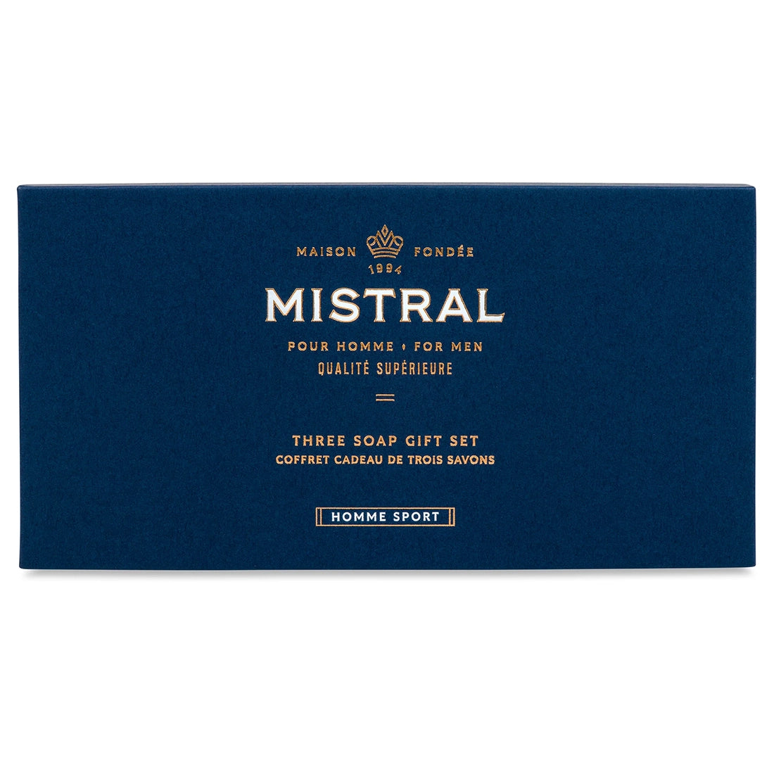 Mistral Homme Sport three-soap gift set front packaging in navy blue with gold lettering for men’s grooming