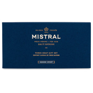Mistral Homme Sport three-soap gift set front packaging in navy blue with gold lettering for men’s grooming