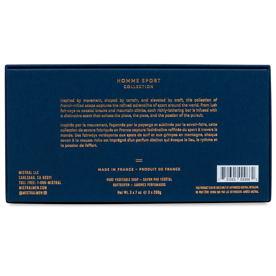 Mistral Homme Sport three-soap gift set packaging back showing fragrance descriptions and product details