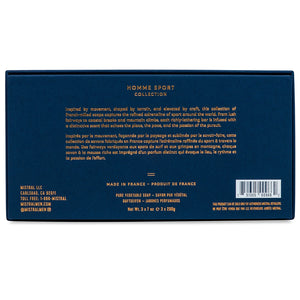 Mistral Homme Sport three-soap gift set packaging back showing fragrance descriptions and product details