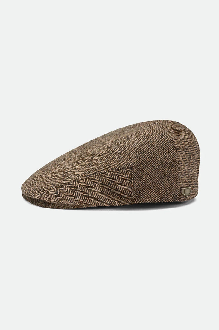 Brixton Hooligan Snap Cap side profile on white background – brown khaki herringbone structured flat cap short brim elevated crown men's accessory