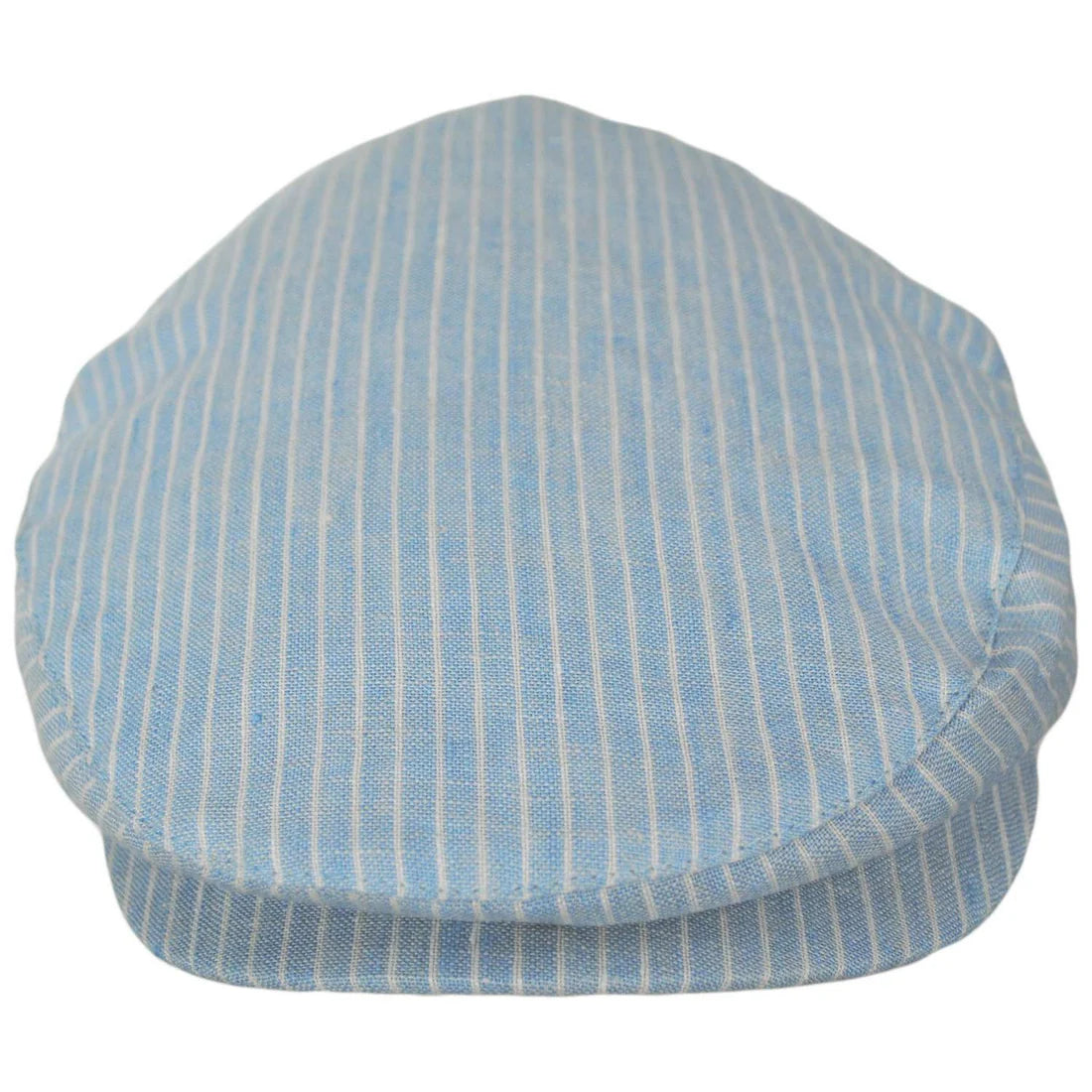 Brixton Hooligan Linen Stripe Snap Cap top view – light blue white pinstripe 55% linen 45% cotton classic ivy cap silhouette white background


