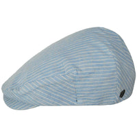 Brixton Hooligan Linen Stripe Snap Cap side profile – light blue white pinstripe linen cotton ivy cap single snap bill flat cap white background