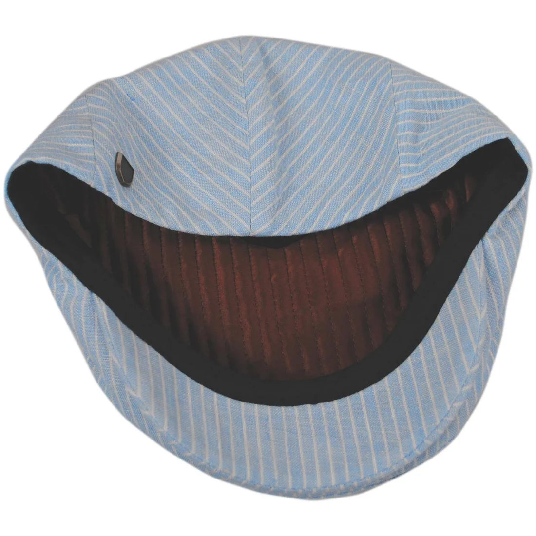Brixton Hooligan Linen Stripe Snap Cap interior view – quilted burgundy satin lining cotton twill sweatband light blue white pinstripe ivy cap