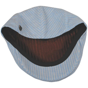 Brixton Hooligan Linen Stripe Snap Cap interior view – quilted burgundy satin lining cotton twill sweatband light blue white pinstripe ivy cap
