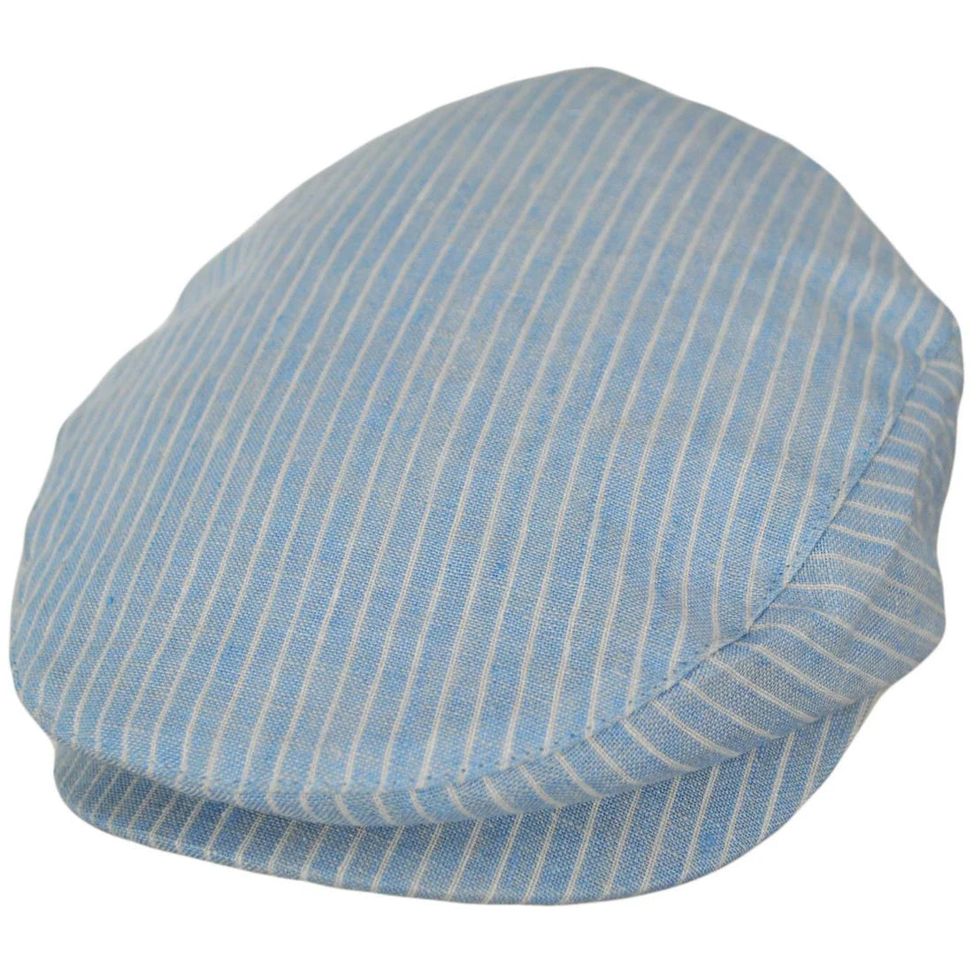Brixton Hooligan Linen Stripe Snap Cap three-quarter view – light blue pinstripe linen ivy flat cap with snap bill Brixton shield pin men's summer cap