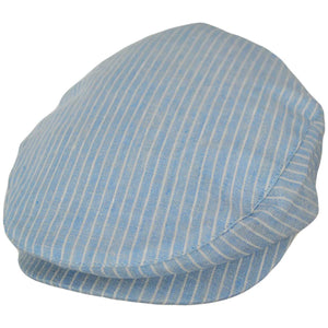 Brixton Hooligan Linen Stripe Snap Cap three-quarter view – light blue pinstripe linen ivy flat cap with snap bill Brixton shield pin men's summer cap