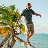 Man wearing Howler Brothers Horizon Tech Shorts on palm tree over ocean – men's performance hybrid shorts for travel and adventure