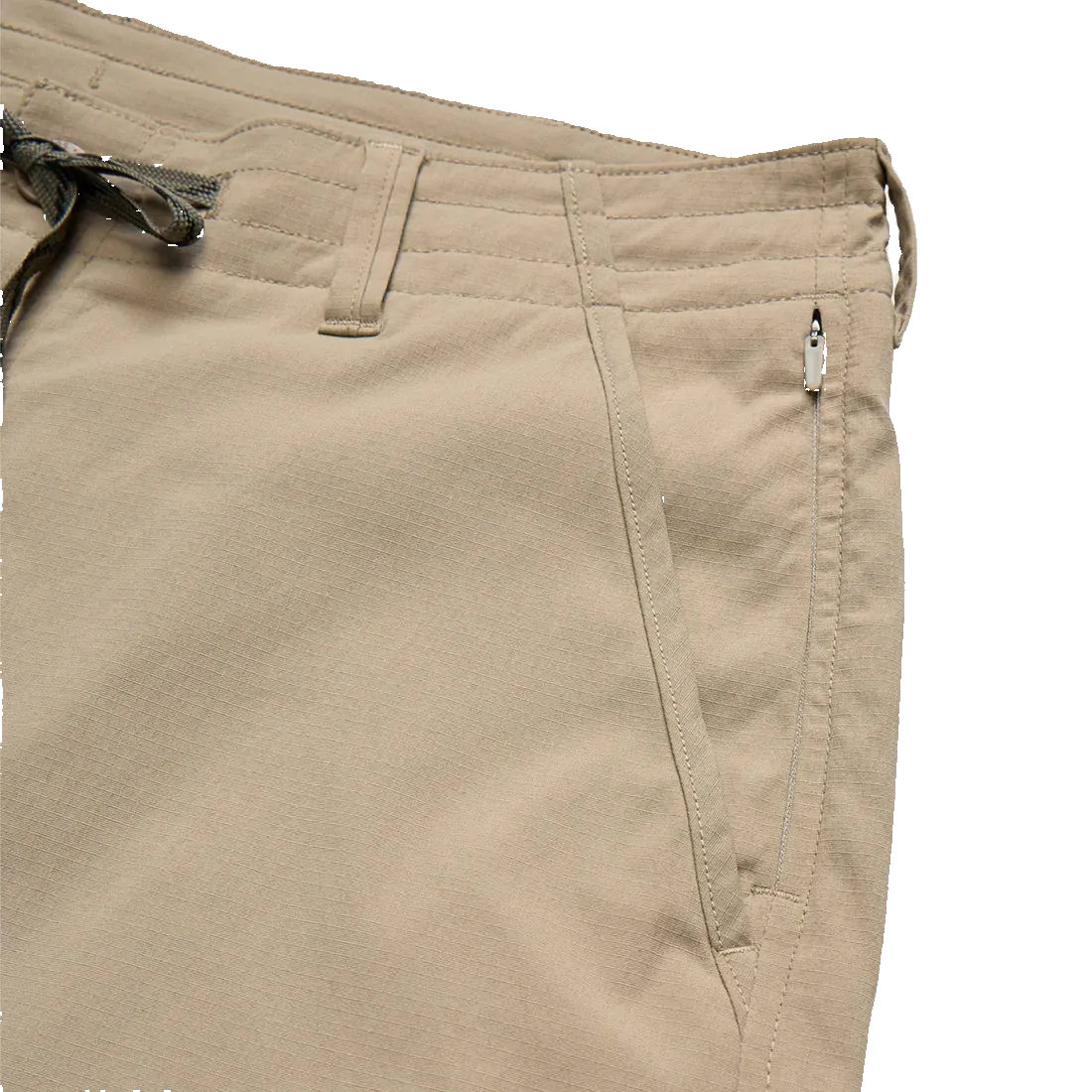 Howler Brothers Horizon Tech Shorts detail – invisible zip pocket, drawcord waistband, and button closure on men's nylon ripstop shorts