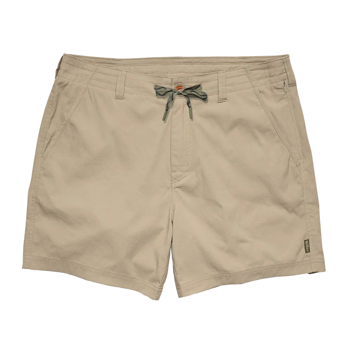Howler Brothers Horizon Tech Shorts Driftwood flat lay – men's stretch nylon ripstop hybrid shorts with drawcord waist
