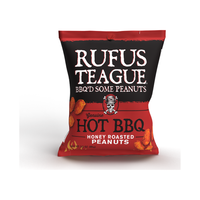 Single-serve 3oz packet of Hot BBQ honey roasted peanuts in red and black, front view