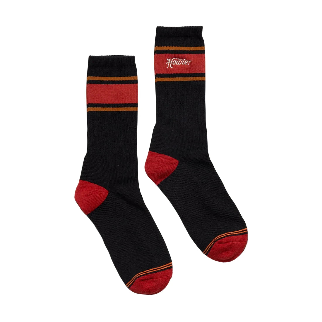 Howler Brothers black crew socks with red and orange stripes – vintage-style men's socks with embroidered Howler logo from The Simple Man Omaha
