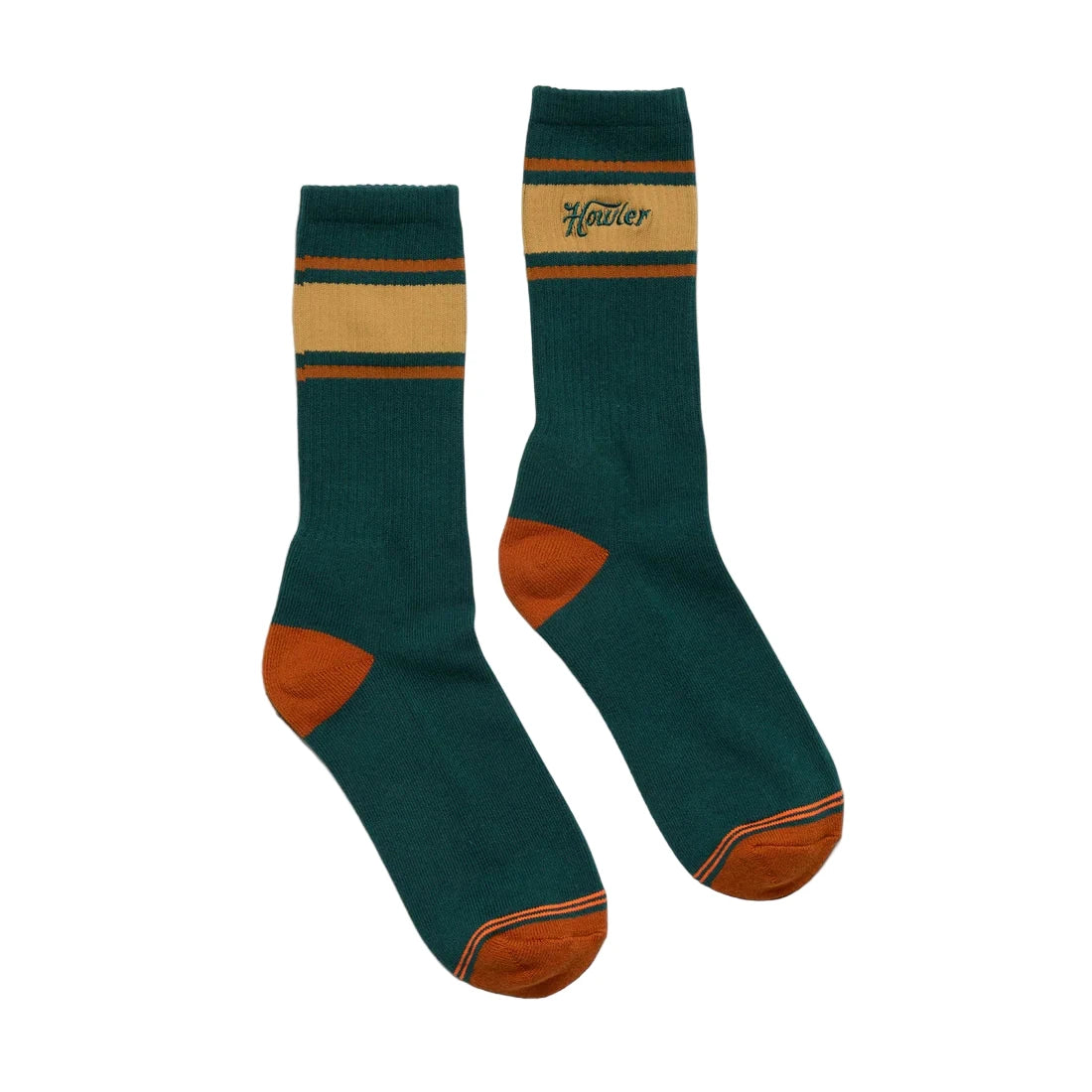 Howler Brothers jungle green crew socks with gold and orange stripes – men's retro-inspired athletic socks available at The Simple Man Omaha