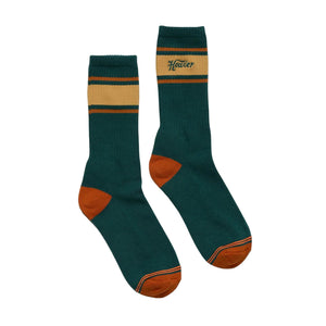Howler Brothers jungle green crew socks with gold and orange stripes – men's retro-inspired athletic socks available at The Simple Man Omaha