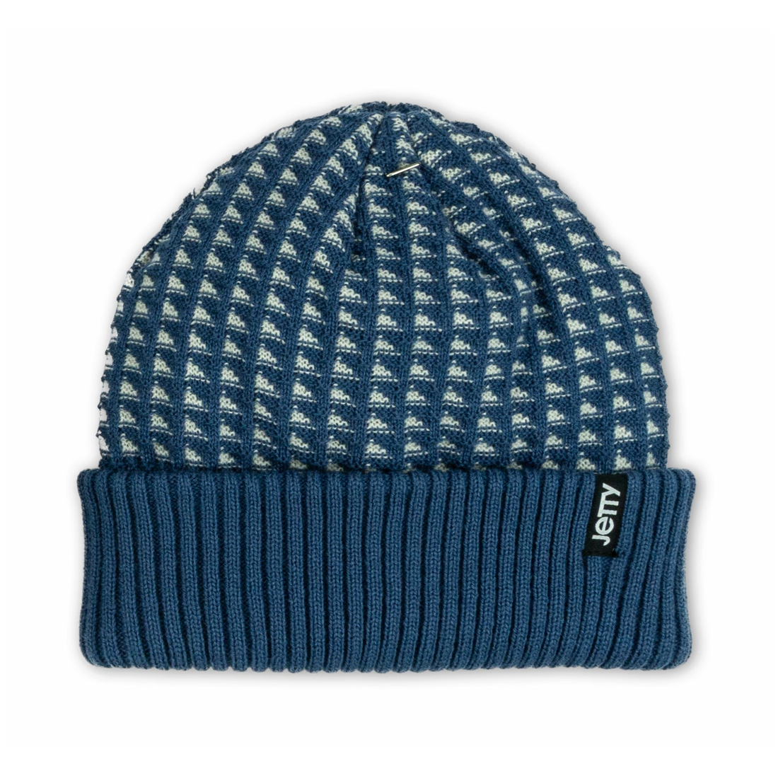 Huey Beanie in blue with a pale geometric pattern crown and ribbed blue cuff, front view