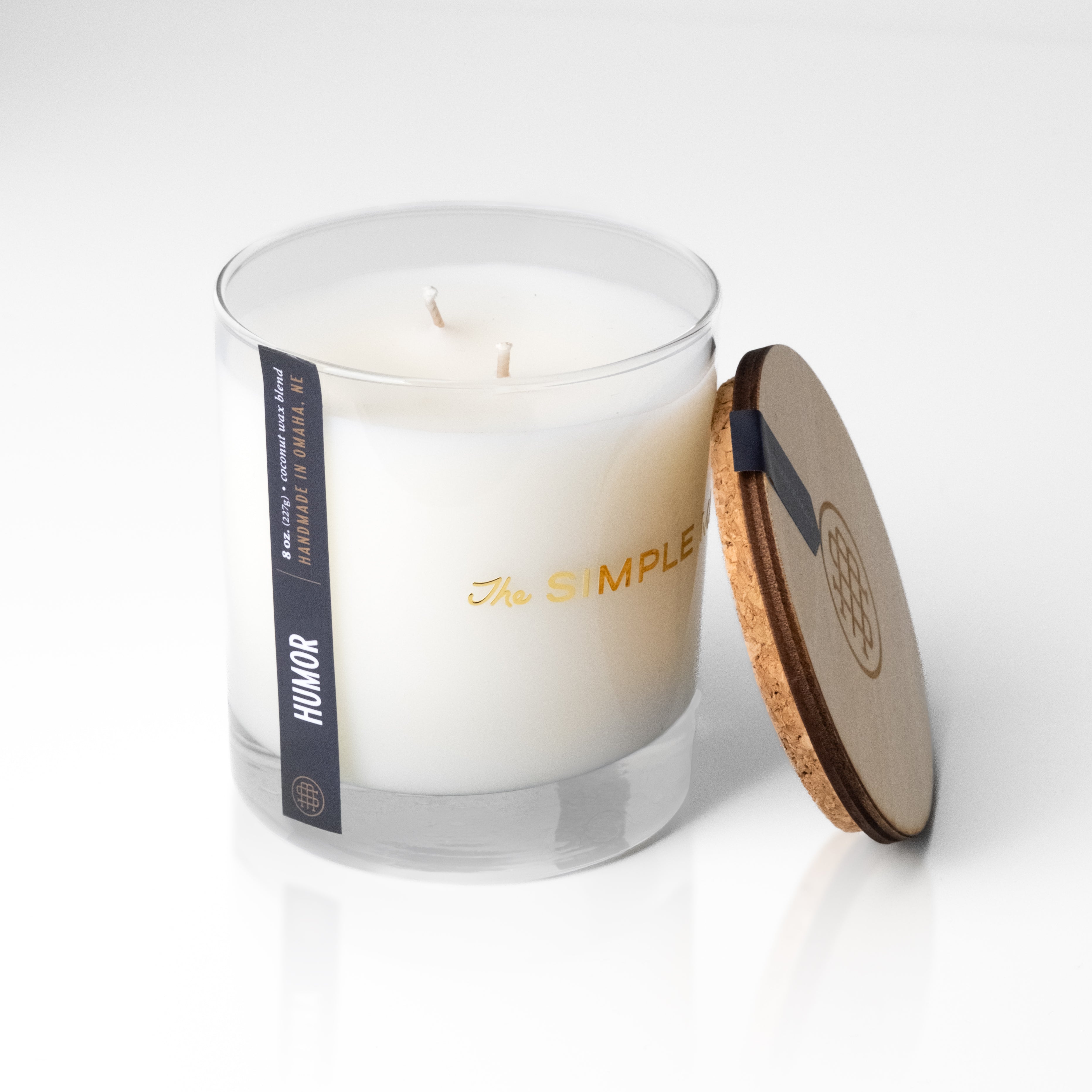The Simple Man Humor 8oz coconut wax candle with double wick and wood cork lid removed, handmade in Omaha – The Simple Man