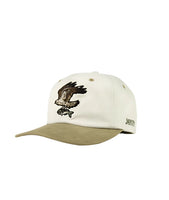 Jetty Hunter hat, natural cotton snap back cap with embroidered Osprey with fish.  Front view