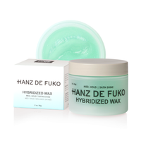 Hybridized Wax jar with box, seafoam-green water-based hair wax, front view