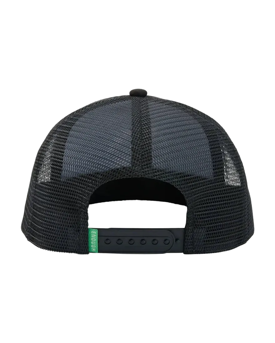 We Are Enough It's Okay Trucker Hat Real Black side profile showing foam front and mesh back construction