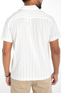 Men's ivory aqua stripe camp shirt – back view showing relaxed fit and vertical stripe on 100% cotton short sleeve button down