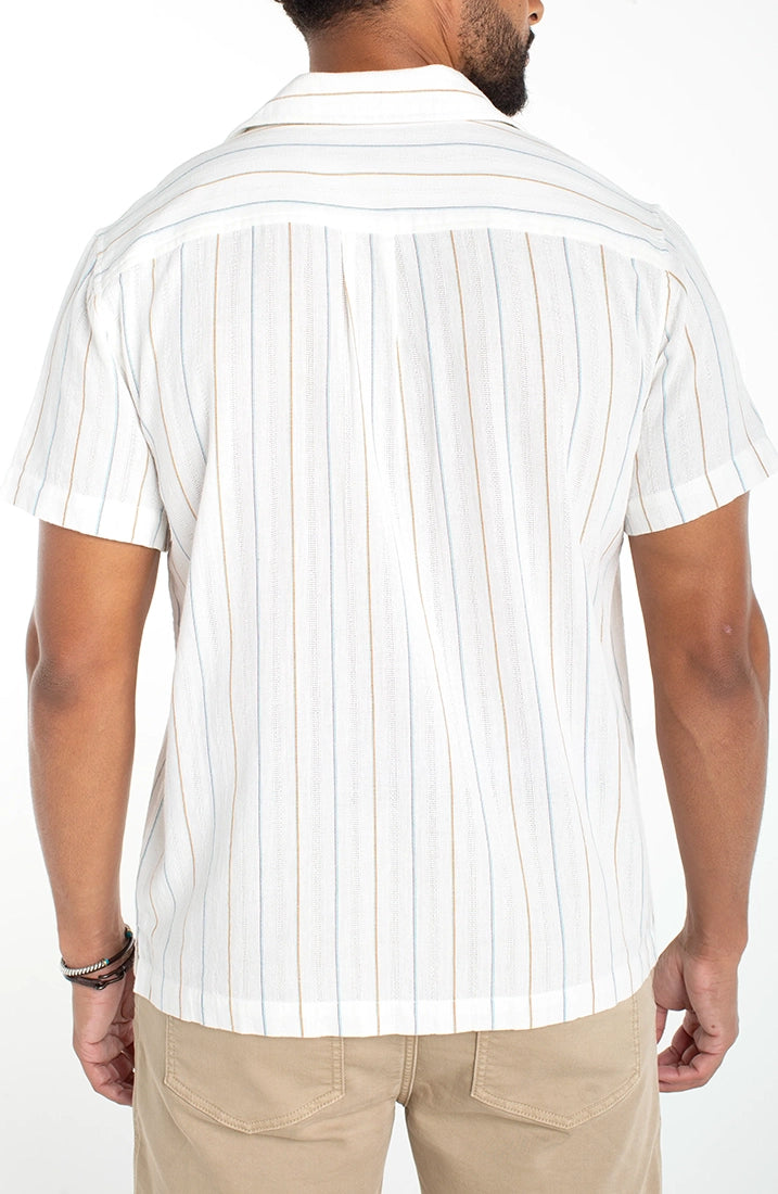 Men's ivory aqua stripe camp shirt – back view showing relaxed fit and vertical stripe on 100% cotton short sleeve button down
